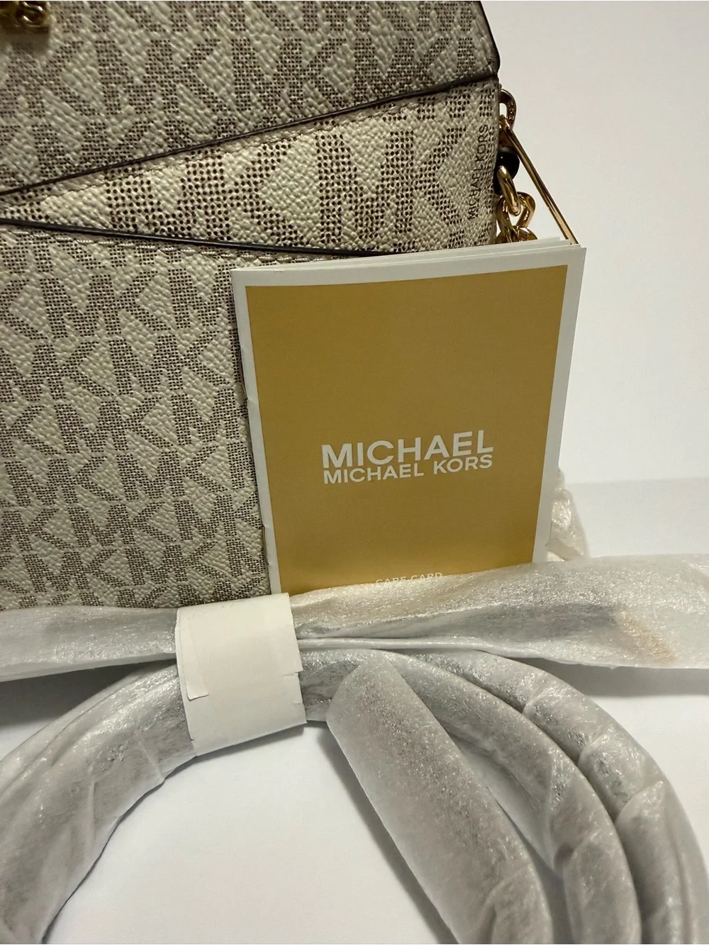 Michael Kors Beige Signature Dome Crossbody with Gold Hardware